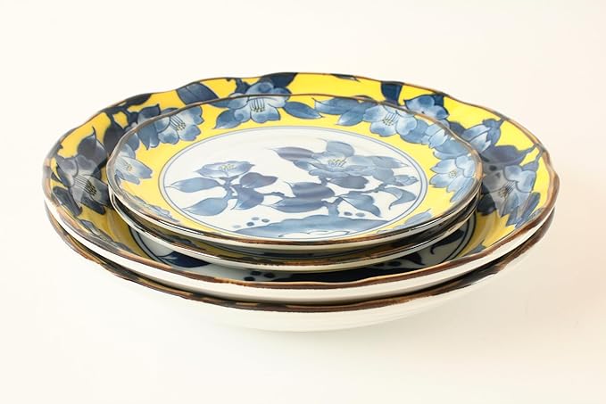 Mino Ware Japanese Ceramics 2 Pasta Plate & 2 Salad/Appetizer Plate Made in Japan (Japan Import) TNG007 (Yellow Camellia)