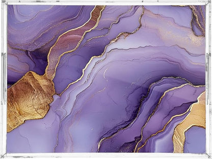 Clear Tray Marble Silver Purple Fresh Acrylic Serving Tray with Handles 12x16 Clear Trays for Serving Food Spill-Proof
