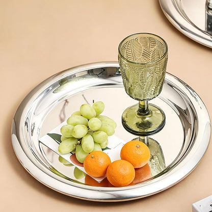 Pssopp DishFruit PlattersTrays Serving Tray, Silver Circular Metal Platter Decorative Tray for Displaying Whiskey Flutes Coffee Table Stainless Steel Round Stainless Steel Round (L)