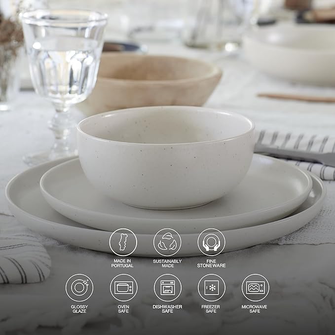 Casafina Ceramic Stoneware 18-Piece Place Setting Service for 6 with Pasta Bowls - Pacifica Collection, Marshmallow Pink | Microwave & Dishwasher Safe Dinnerware Set | Restaurant Quality Tableware