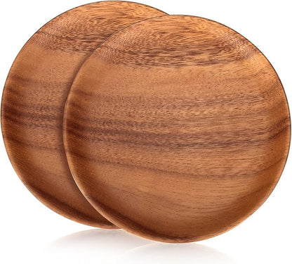 2 Pcs Small Wooden Dessert Plates for Eating Acacia Wood Snack Appetizer Plate 6 inch Mini Cute Salad Dinner Plates Reusable Round Non Toxic Platos Saucer Plate for Food Flat Picnic Serving Dishes