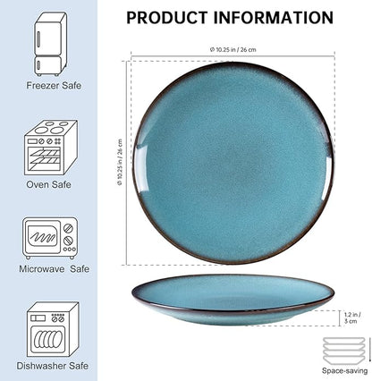 HENXFEN LEAD Dinner Plates Set of 4, Large Serving Dishes 10 Inch for Steak, Salad, Pasta - Stoneware Dinnerware Sets Dishwasher, Microwave, Oven Safe, Aqua