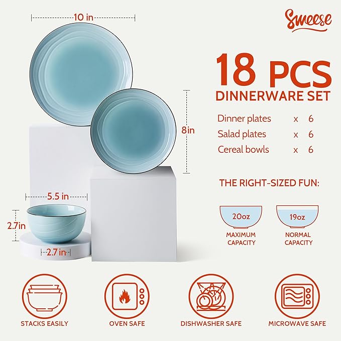 Sweese Porcelain Dinnerware Sets for 6, 18 Pieces Ceramic Plates and Bowls Sets, Handcrafted Minimalist Dinner Set, Chip and Scratch Resistant Dish Set, Dishwasher & Microwave Safe, Gradient Blue