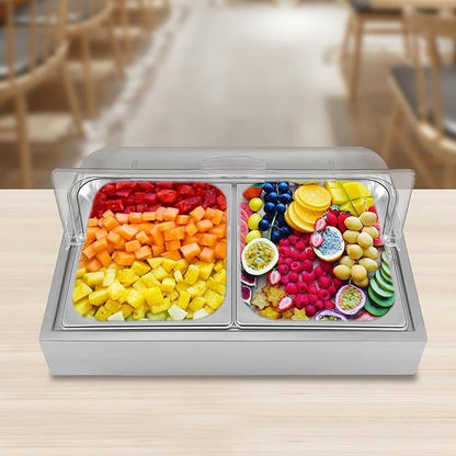 Countertop Ice Food Serving Display Tray with Clear Roll Top, 3L Chilled Serving Tray, Cold Serving Cooler Platter, 22" X 14" Cooling Food Dishes Display Plate Case for Party (Double-Grid)