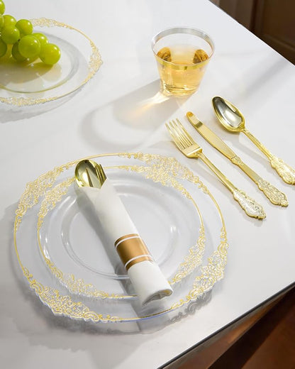 Goodluck 350 Piece Clear Gold Plastic Dinnerware Set for 50 Guests, Fancy Disposable Plates, Include: 100 Gold Rim Plastic Plates, 150 Silverwares, 50 Pre Rolled Napkins, 50 Cups for Party, Wedding