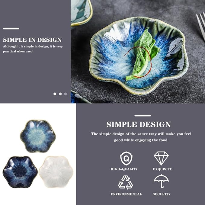 BESPORTBLE 3pcs Ceramic Seasoning Sauce Plates Set, Small Appetizer Dipping Bowls with Blue Gradient, Vintage White and Natural Brown Glaze, Porcelain Dishware for Kitchen and Random Color