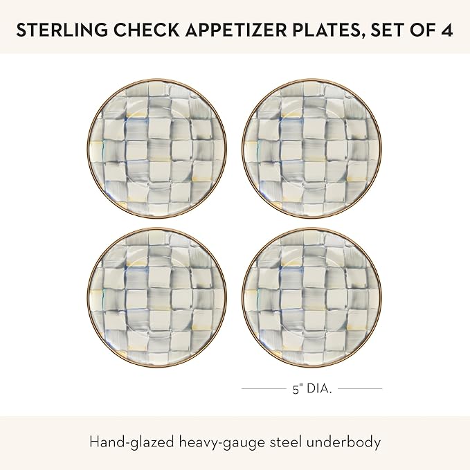 MACKENZIE-CHILDS Set of 4 Enamel Appetizer Plates, Mini Dessert Plates, 5 Inches, Gray-and-White Sterling Check