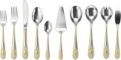 40 Piece Flatware Set - Includes 5 Piece Hostess Set - Vintage Design Handle with Gold Detailing - 18/10 Stainless (45 Piece, Lucca)