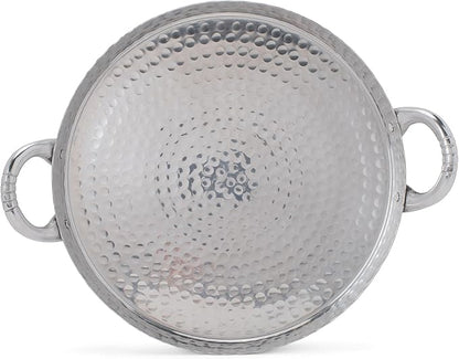 India Handicrafts Hammered Round Scalloped Silver Tone 17 inch Metal Tray Platter