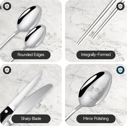Silverware Set with Organizer and Chopsticks- 49 Pieces, Premium Stainless Steel Flatware Set, Heavy Duty Cutlery Set for 6, Dishwasher Safe Premium Kitchen Utensils, BANZOO Serving Utensils