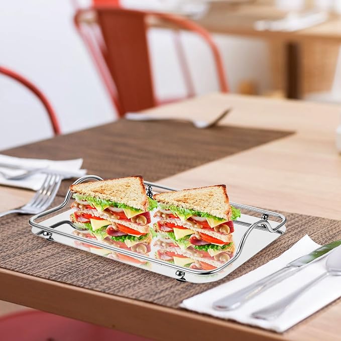 Creative Small Silver Stainless Steel Rectangular Serving Tray with Dual Handles for Coffee Bar and Home Use, Mirror Finish Food Tray for Entertaining and Bed Serving