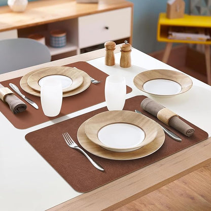 Faux Leather Placemats Set of 6, Vinyl Placemats Wipeable Waterproof Oil-Proof Table Mats, Heat Resistant Place Mats, Table Mats for Kitchen Indoor Outdoor, 15.8 x 11.8 Inch (Brown)