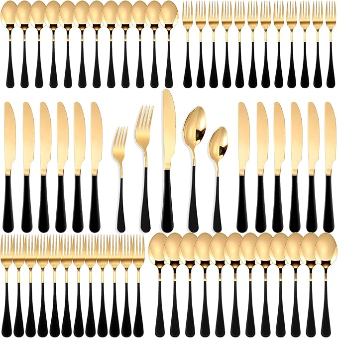 Dandat 60 Pcs Gold and Black Silverware Set Stainless Steel Set with Dinner Forks Knife Spoon Dessert Forks Steak Knives Cutlery Flatware for 12 Guest Wedding Dinner Party Restaurant Holiday Party