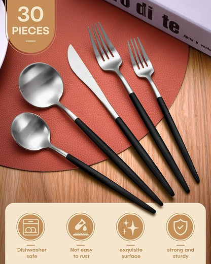 Silverware set for 6,Ollex 30-Piece Black and Silver Silverware Set include Knives Forks Spoons Matte Flatware Set Food-Grade Stainless Modern Utensil Cutlery Set with Stain Finished,Dishwasher Safe