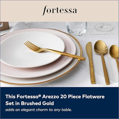 FORTESSA Arezzo 18/10 Stainless Steel Flatware, 20 Piece Place Setting With Table Knives, Forks and Spoons (Service For 4), Dishwasher Safe, Brushed Gold