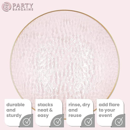 PARTY BARGAINS 13-Inch Charger Plates - 8 Pack, Hammered Pink Gold Rim, Heavy-Duty Disposable Chargers for Elegant Dining - Ideal for Weddings and Formal Events