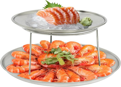 2-Tier Seafood Plate, Silver Round Pizza Tray Riser Rack, Food Holder with Bracket, Food Platter Tray, for Restaurant Buffet Wedding Party Platter