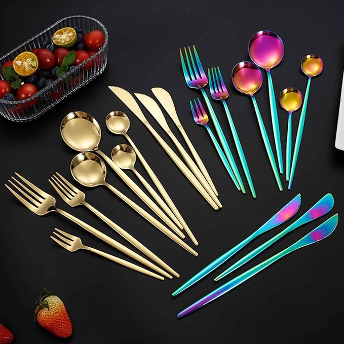 24 PCS Fine Flatware Set, Flatware Serving Set for 6, Utensil Set for Home and Restaurant Include Knives/Forks/Spoons, Dishwasher Safe, for Outdoor Camping Picnic(Size:A,Color:Black)