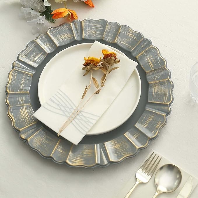 Efavormart 6 Pack | 13" Round Charcoal Gray Acrylic Plastic Charger Plates With Gold Brushed Wavy Scalloped Rim
