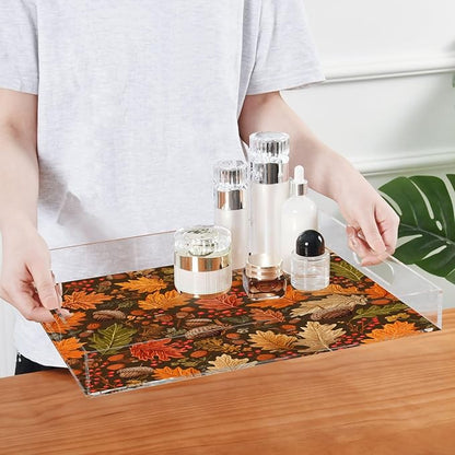 Serving Tray with Handles Clear Acrylic Tray 12x16 Inch Decorative Rectangular Tray Organizer for Ottoman Coffee Table Bathroom Brown Maple Leaves Acorns Berries Branches