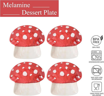 UP UPware Mushroom Shaped Melamine Dessert Plates, Small Serving Plates, for Appetizer, Snacks, and Side Dishes, Beige and Green, 6 Inch, Set of 4