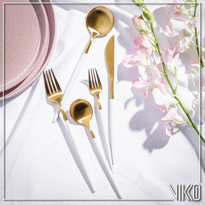 Vikko Decor Modern Flatware Set: Matte White and Gold Silverware Set, 18/10 Stainless Steel, Fancy Long Handled Cutlery, Two Toned Silverware for Upscale Dining, 20 Pc Set, Service for Four(4)