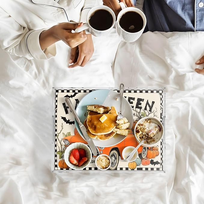 Serving Tray with Handles Clear Acrylic Tray 12x16 Inch Decorative Rectangular Tray Organizer for Ottoman Coffee Table Bathroom Orange Truck Halloween Bat Pumpkin