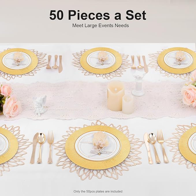 50 PCS Charger Plates Bulk, 13 Inch Plastic Round Charger Dinner Plates Simply Modern Service Plates Decorative Chargers Bulk for Table Setting Wedding Party Event(Gold)