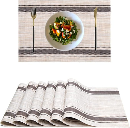 Placemats,PlasticVinyl Washable Heat-Resistant Durable PVC Non-Slip Woven for Kitchen Dining Table Mats (Set of 6, Coffee Beige)