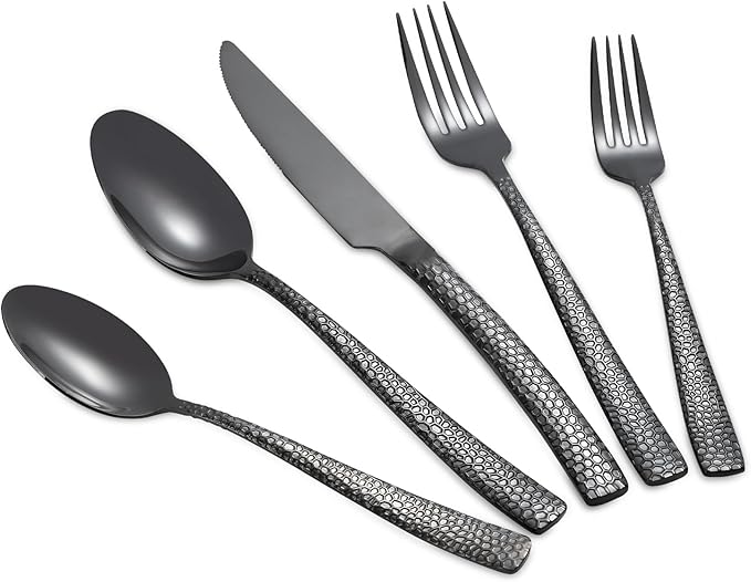 20-Piece Black Silverware Set, Heavy Duty Hammered 18/10 Stainless Steel Flatware for 4, Food-Grade Cutlery Including Fork Knife Spoon, Dishwasher Safe Tableware