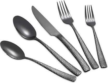 20-Piece Black Silverware Set, Heavy Duty Hammered 18/10 Stainless Steel Flatware for 4, Food-Grade Cutlery Including Fork Knife Spoon, Dishwasher Safe Tableware