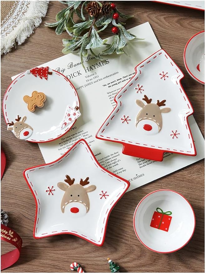 Christmas Ceramic Appetizer Plates for Tapas, Salad, Appetizer, Dishwasher Safe, Microwave Safe, Freezer Safe (Two grid plate 28 * 10.8 * 4cm)