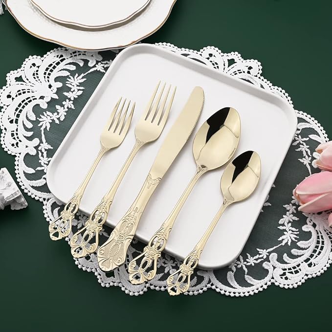 Champagne Gold Flatware Set For 4, 20 Pieces 18/0 Stainless Steel Silverware Set, Cutlery Utensils Set Include Knives/Forks/Spoons, Antique Baroque Style & Luxury Mirror Polished