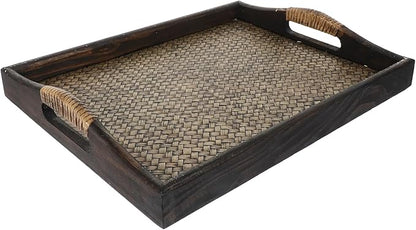Wood Rectangular Serving Tray with Raised Handles Large Southeast Asian Style Woven Tea Cup Holder Decorative Wooden Drink Tray for Home, Office, and Hotel Use