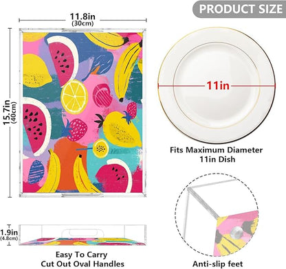 Serving Tray with Handles Clear Acrylic Tray 12x16 Inch Decorative Rectangular Tray Organizer for Ottoman Coffee Table Bathroom Colorful Watermelon Banana Strawberry Mango