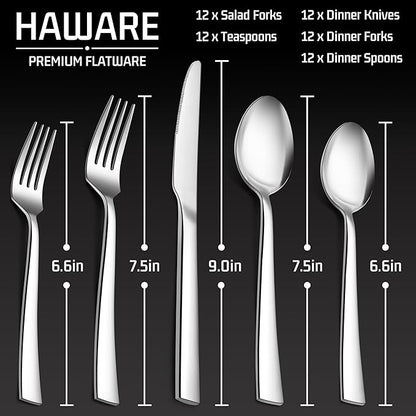 HaWare 60-Piece Silverware Set, Stainless Steel Flatware Cutlery Set for 12, Food-Grade Tableware for Home Restaurant, Square Edge Utensils Includes Knife Spoon Fork, Mirror Polished, Dishwasher Safe