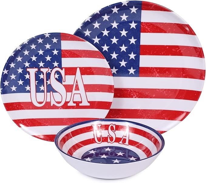 Melamine Dinnerware Sets 12 Pcs Independence Day American Flag Melamine Dinner Plates, Dishes & Bowls Set for 4th July