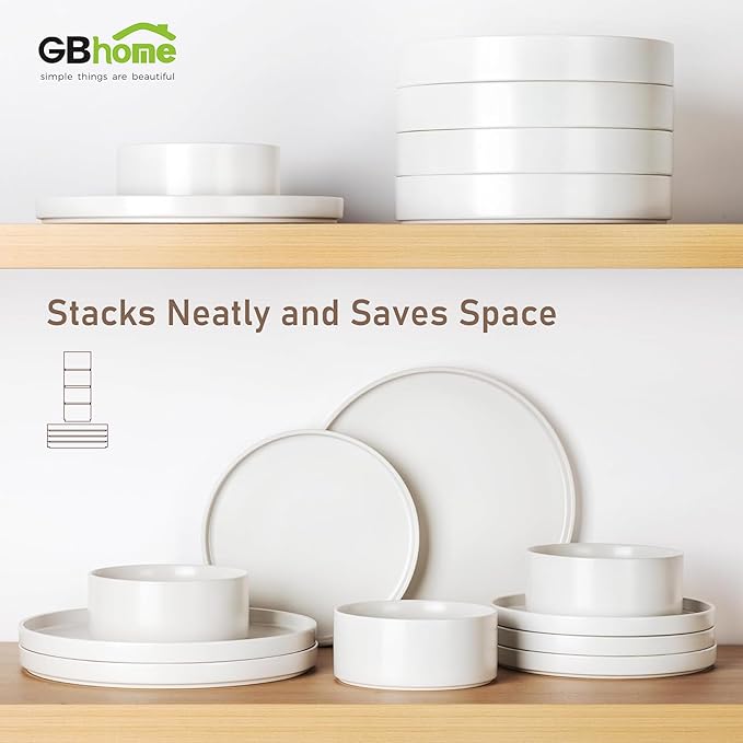 GBHOME Ceramic Dinnerware Sets for 4,Stoneware Plates and Bowls Sets,Chip and Crack Resistant | Dishwasher & Microwave Safe Dishes Set,Scratch Resistant- Service for 4 (12pc)- Snow White
