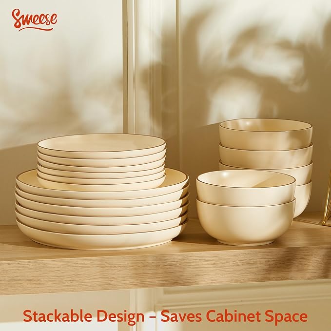 Sweese Dinnerware Sets Service for 6, 18 pcs Matte Glaze Plates and Bowls Sets, Handmade Porcelain Dish Set, Highly Chip and Crack Resistant Modern Dinner Set, Beige