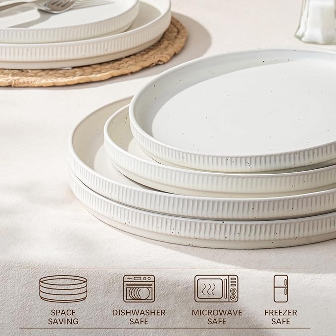 Salad Plates Ceramic Set 4 Piece – 8 Inch Plates for Salad Dessert Snacks, Microwave and Dishwasher Safe, Speckled White