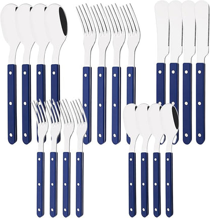20 PCS Stainless Steel Flatware Set for 4, Silverware Set with Colored Handles, Retro Style Forks Spoons and Knives Set, Vintage Eating Utensils, Blue Acrylic Handle with Rivets Design
