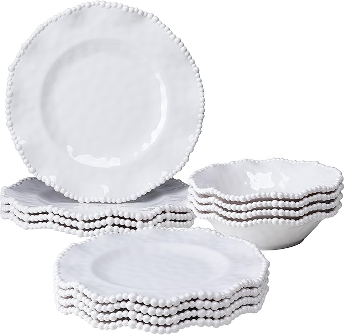 Cream 12pcs Beaded 100% Melamine Dinnerware Set, Elegant Scalloped Edge Durable & Shatterproof Outdoor Dining Set,Unbreakable Plates & Bowls Set for Indoor/Outdoor Use, Dishwasher Safe