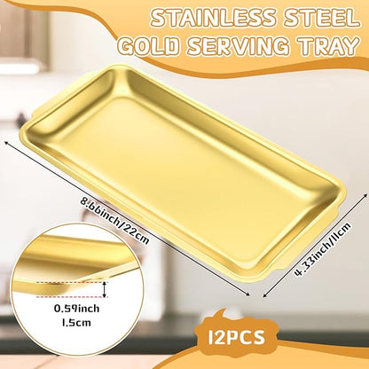 Gold 12 Pcs Small Stainless Steel Serving Tray Bulk 8.66'' x 4.33'' Rectangle Stainless Steel Food Serving Platter with Handle Vanity Tray Decorative Party Plate for BBQ Buffet Appetizer