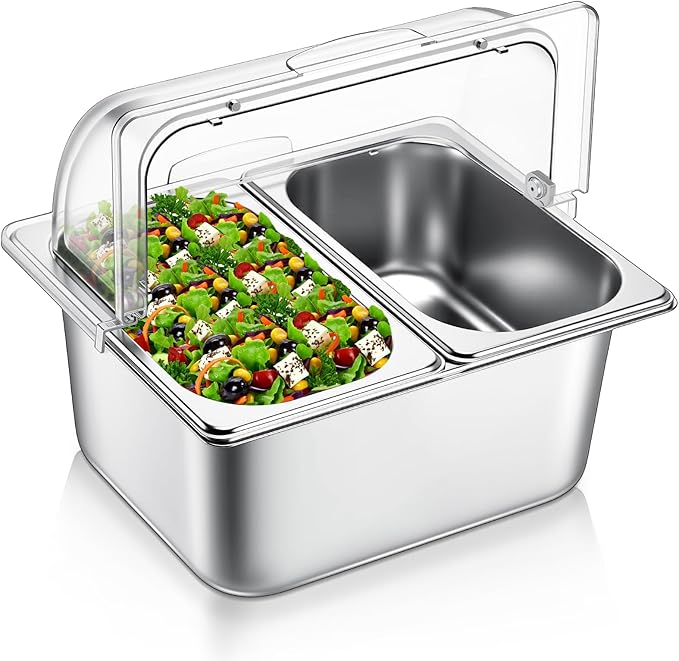 Countertop Food Serving Display Container and Clear Roll Top Cover Half Size Stainless Steel Food Serving Tray Condiment Dispenser with 2 Removable Containers for Restaurant Kitchen Buffet
