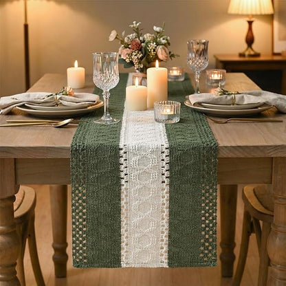 Artoid Mode Army Green Farmhouse Rustic Table Runner, Seasonal Hollow Kitchen Dining Table Decoration for Home Party Decor 12x108 Inch