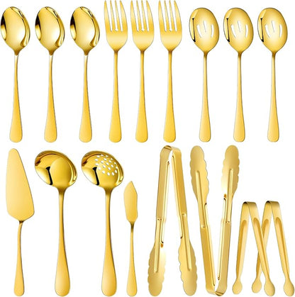 Mwellewm 17Pcs Serving Utensils, Gold Stainless Steel Large Serving Spoons, Slotted Spoon, Fork, Tongs, Cake Pie Server, Soup Spoon, Metal Buffet Banquet Cutlery Set for Parties Entertaining Catering
