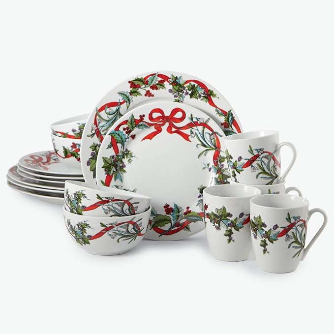 BrylaneHome 16 Piece Christmas Dinnerware Set (Service for 4), Includes Dinner & Salad or Dessert Plates, Bowls, Mugs, Red & Green Holly & Holiday Ribbon Pattern - White