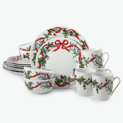 BrylaneHome 16 Piece Christmas Dinnerware Set (Service for 4), Includes Dinner & Salad or Dessert Plates, Bowls, Mugs, Red & Green Holly & Holiday Ribbon Pattern - White