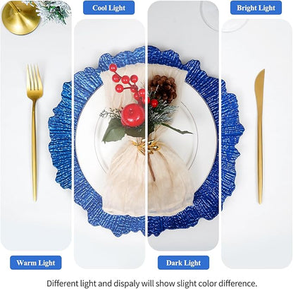 24 Pack Royal Blue Charger Plates Bulk, 13" Plastic Reef Chargers for Dinner Plates, Round Charger Plate with Floral Reef Design for Dinner Wedding Party Table Setting Decoration