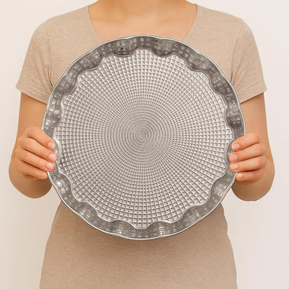 Alisveristime Round Metal Serving Tray for 6 – Ottoman Motif, (13.8" Diameter, 17.5 oz) (Silver)